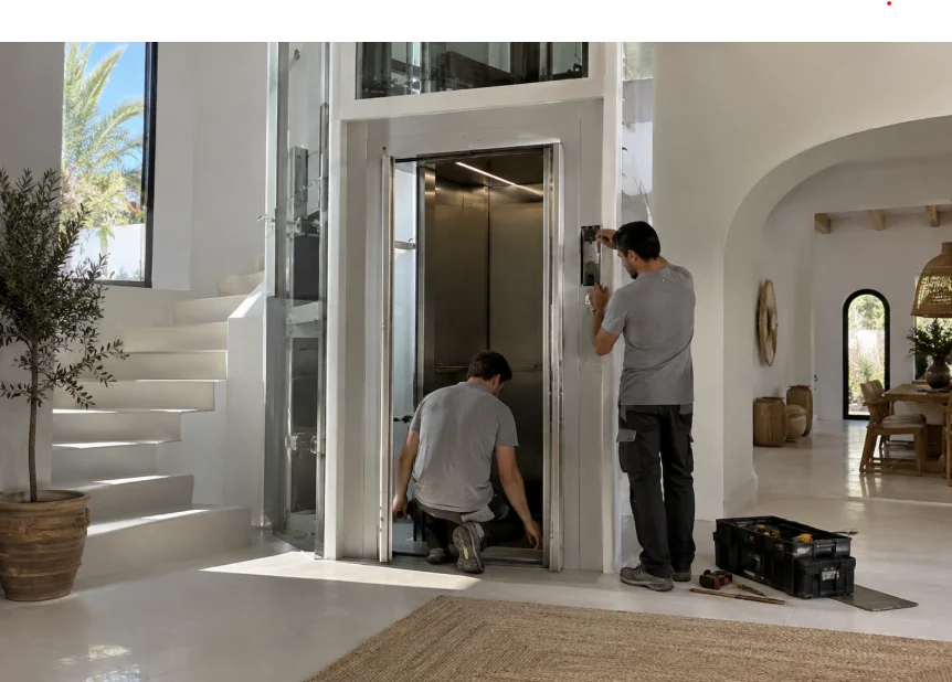 Técnicos revisando la puerta de la cabina de un ascensor